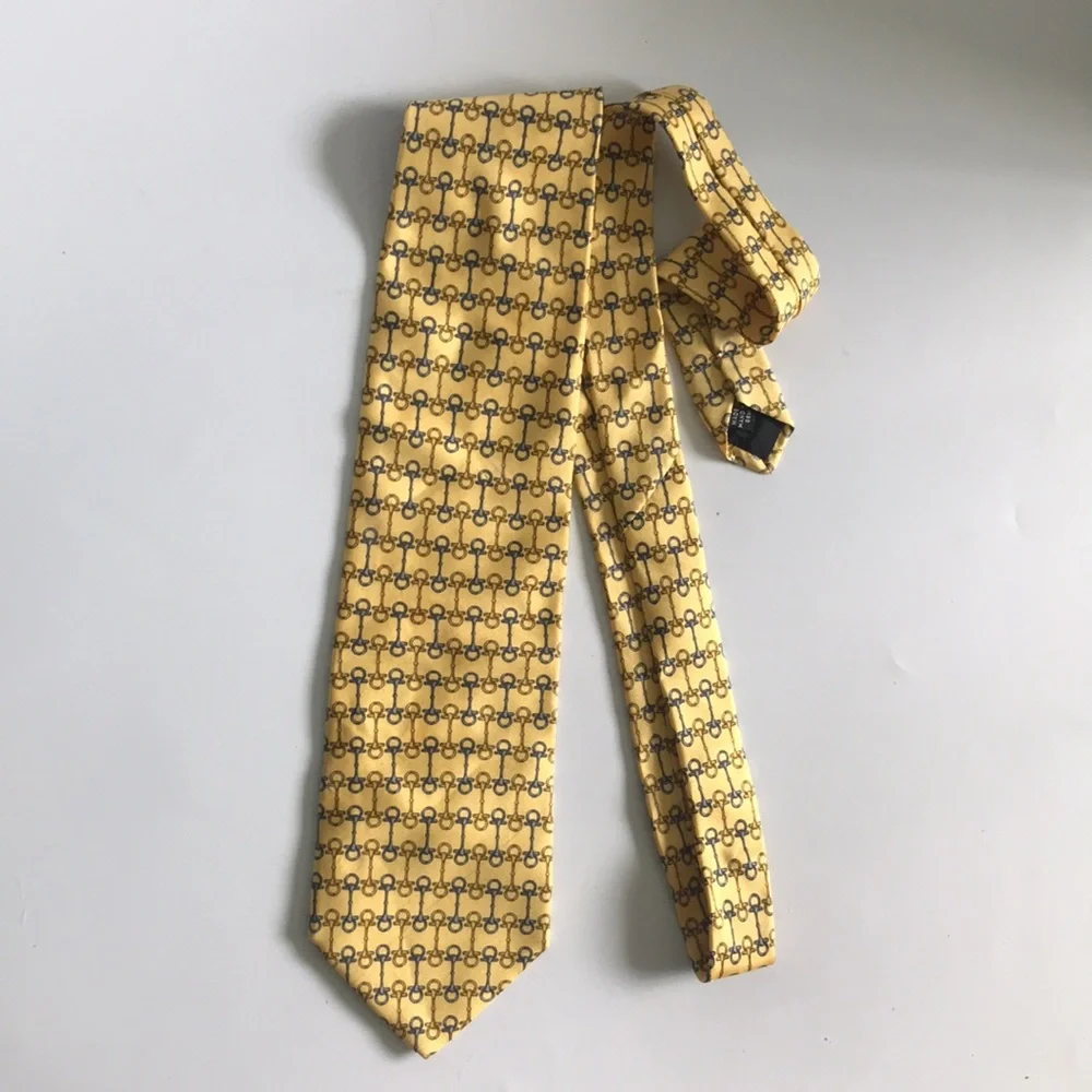 Vintage Paolo GUCCI Yellow Blue 100% Silk Tie Bag Lock Buckle Print
